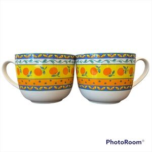 Furio Home‎ citrus print mugs 16oz set of 2. Orange print with colorful accents